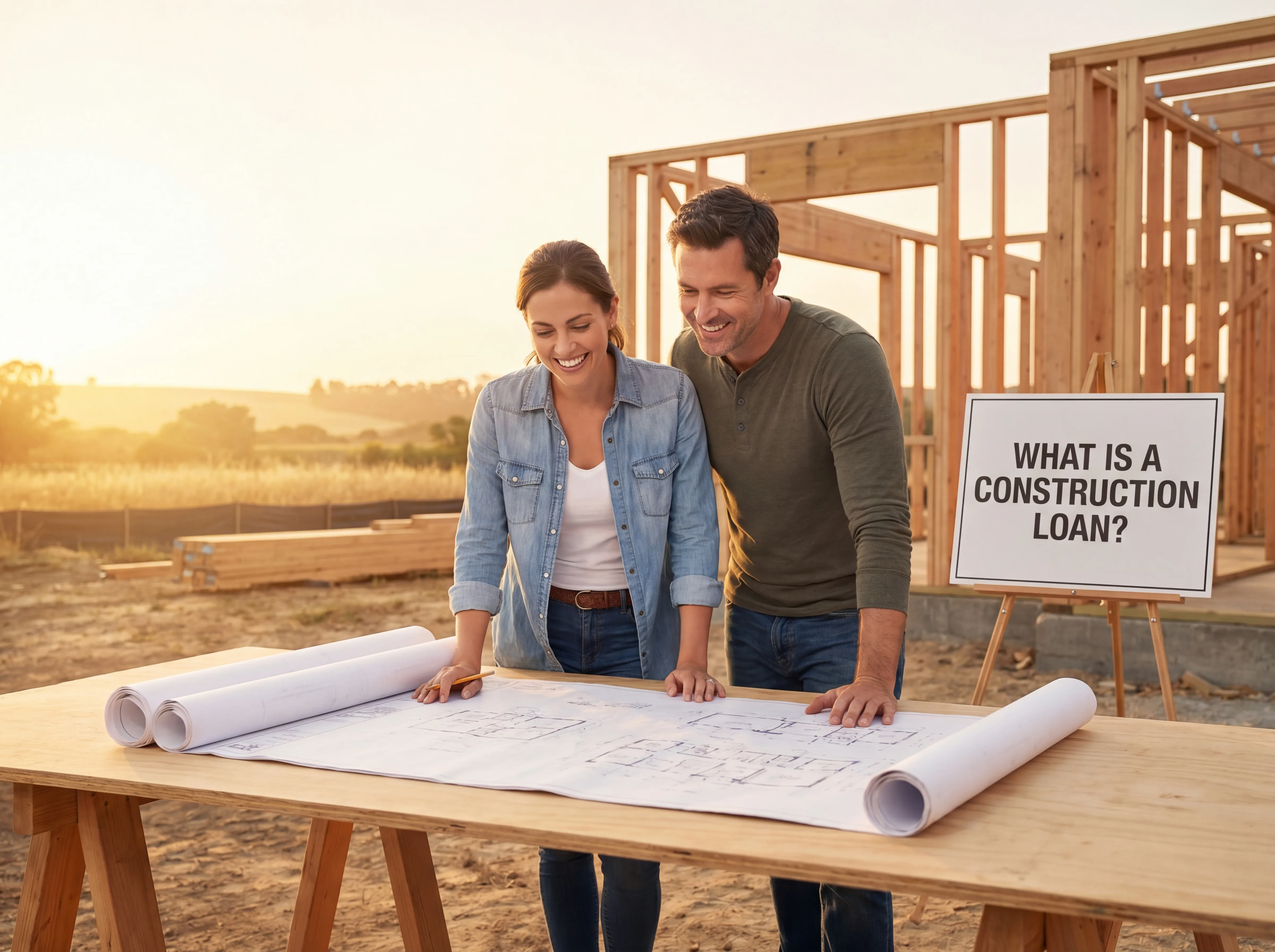 Couple reviewing blueprints at a construction site